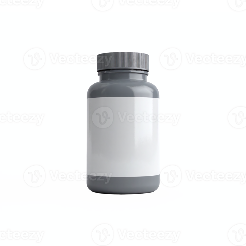 Gray Medicine Bottle with White Label and Screw Cap Transparent Background Clipping Path png