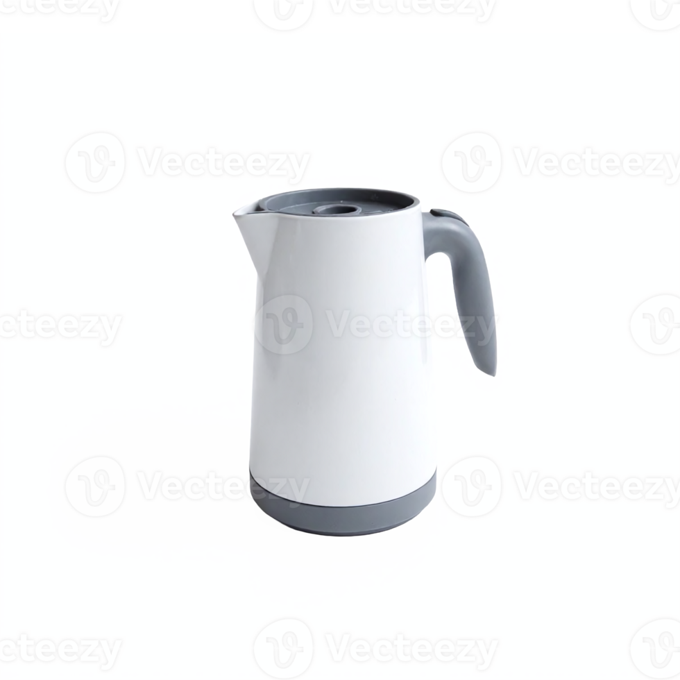 Electric Kettle White Modern Design with Gray Handle and Lid Transparent Background Clipping Path png