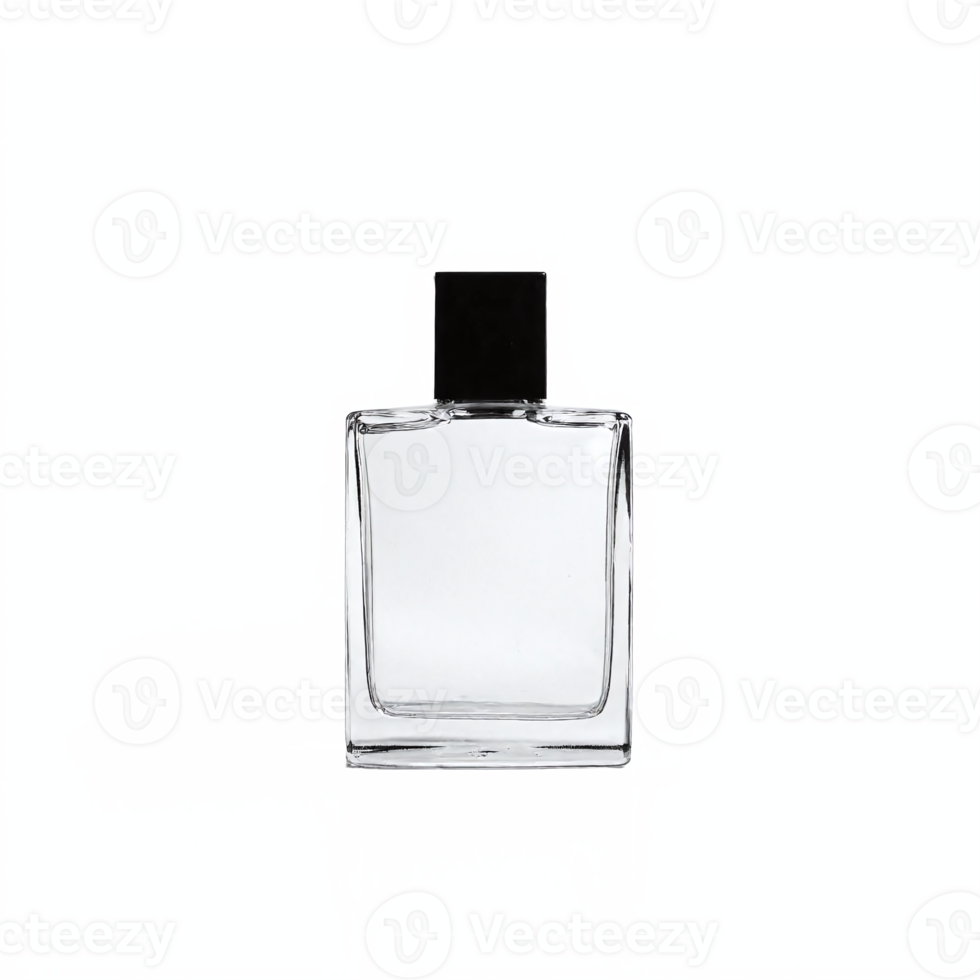 Clear Glass Perfume Bottle with Black Cap Transparent Background Clipping Path png