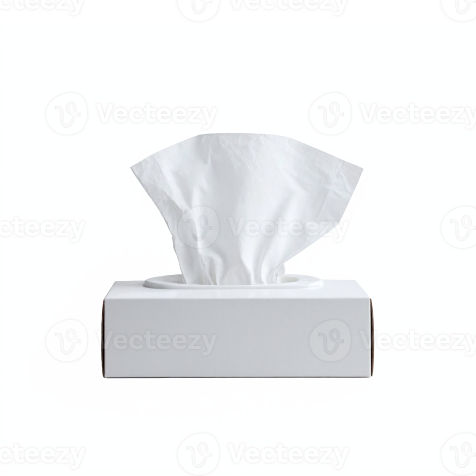 White Facial Tissue Box with Soft Paper Tissue Partially Pulled Out on Transparent Background png