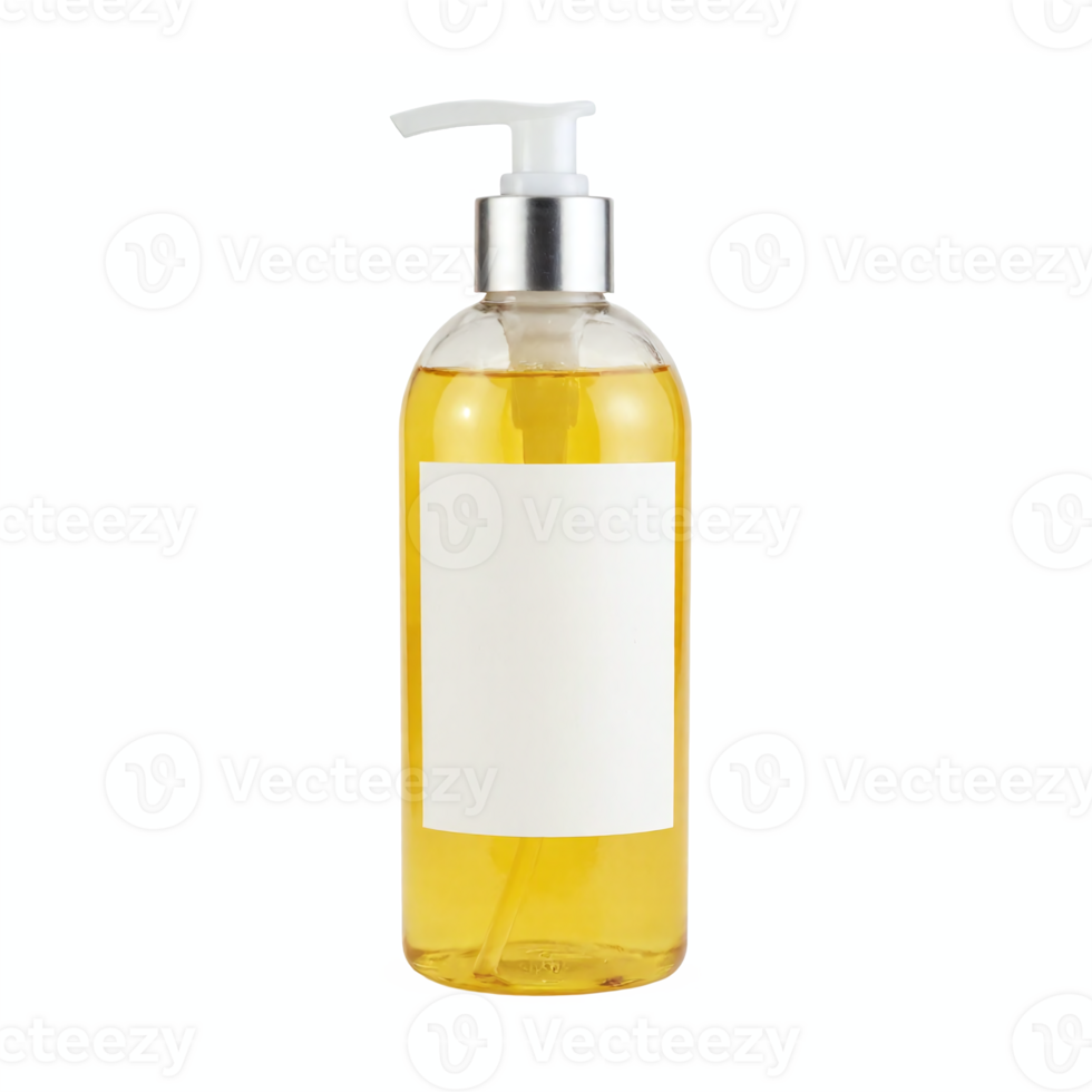 Clear Plastic Pump Bottle Filled with Yellow Liquid Soap or Oil Featuring Blank White Label Transparent Background png