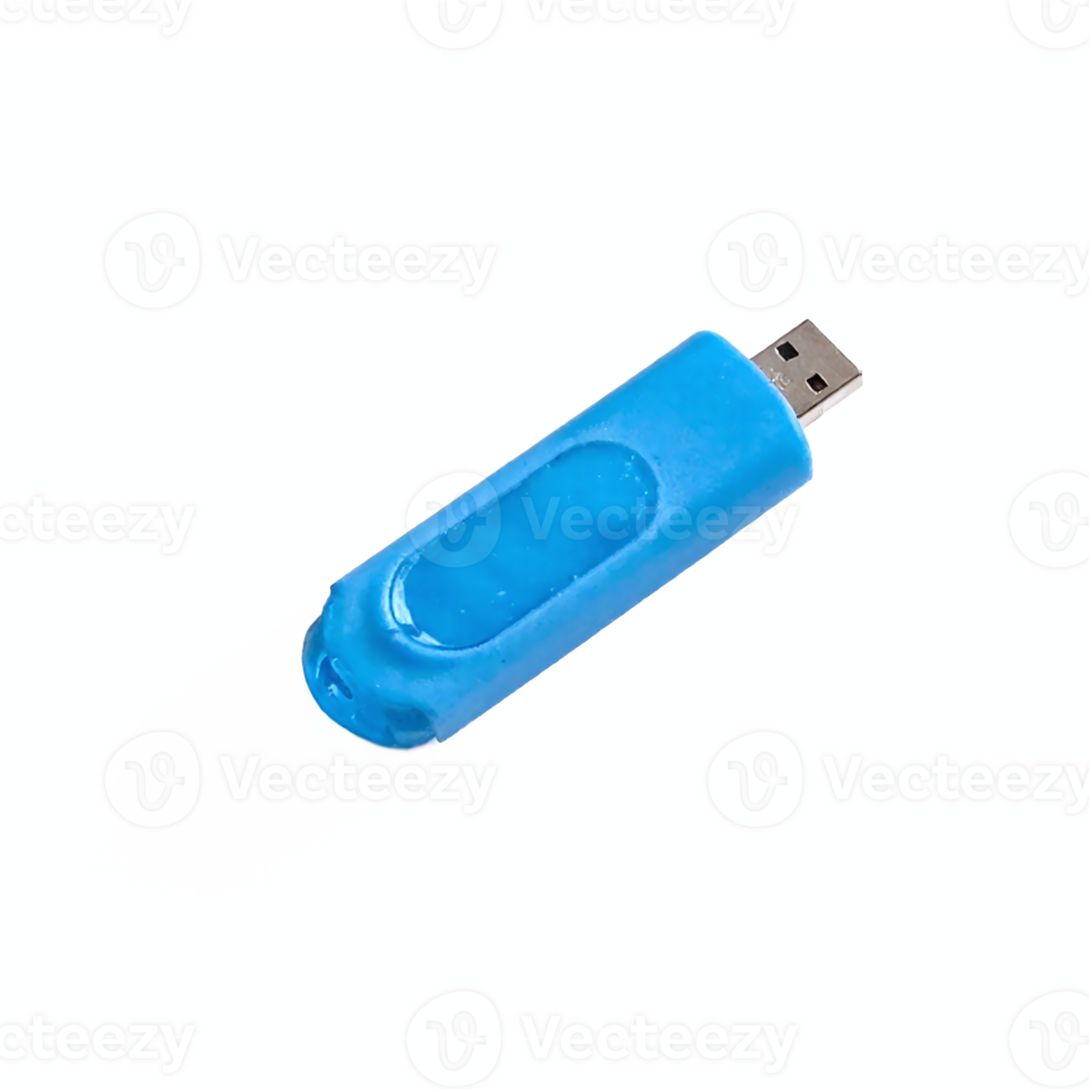 Blue USB Flash Drive Device on Transparent Background with Clipping Path for Easy Isolation png
