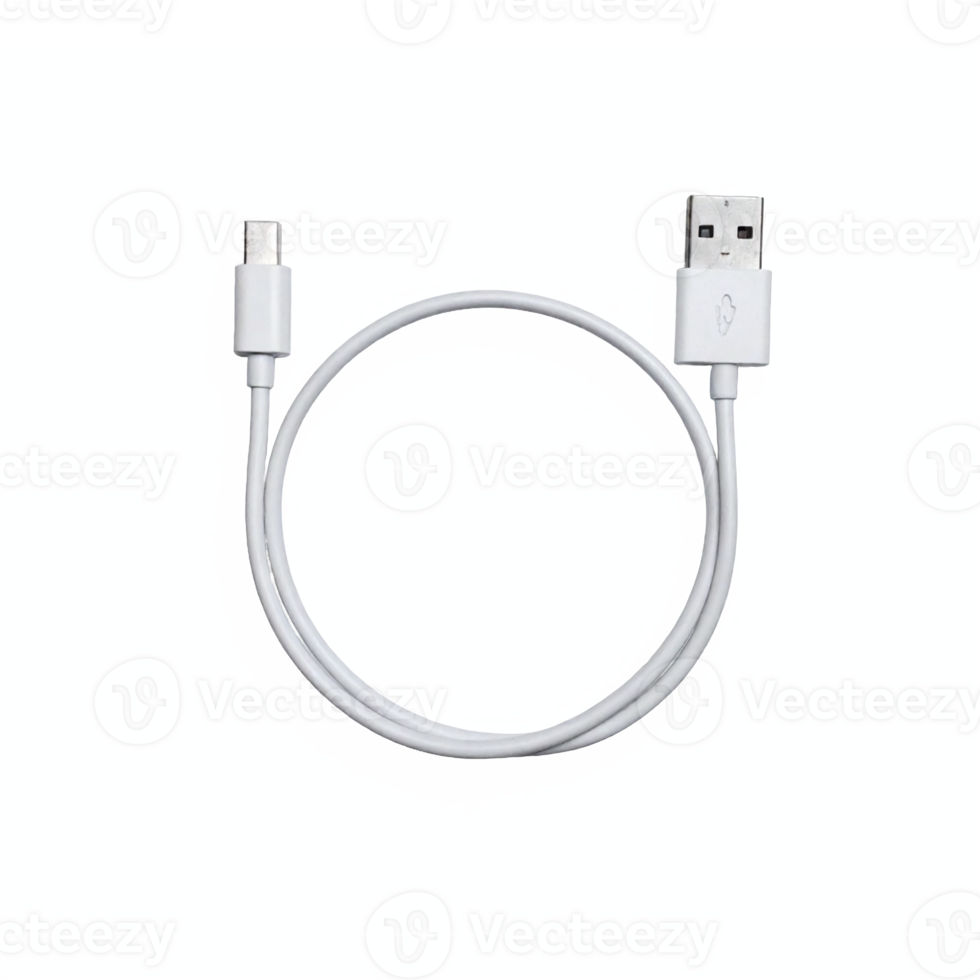 White USB to USB C Charging Data Cable with Transparent Background Clipping Path High Resolution png