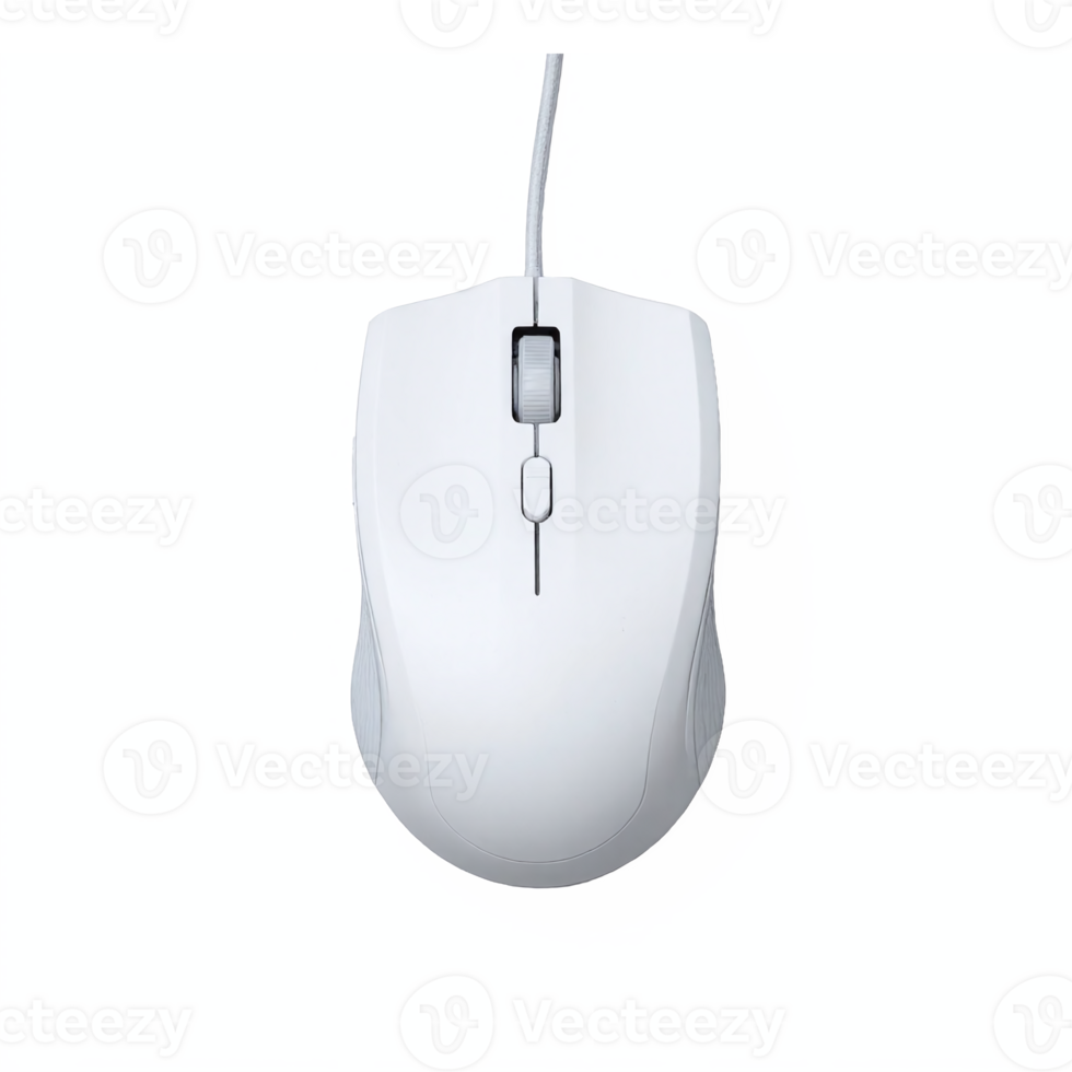 White Wired Computer Mouse with Scroll Wheel and Side Grip Buttons on Transparent Background png