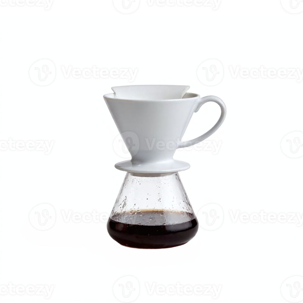 Coffee Dripper with White Ceramic Filter and Glass Container with Black Coffee on Transparent Background png