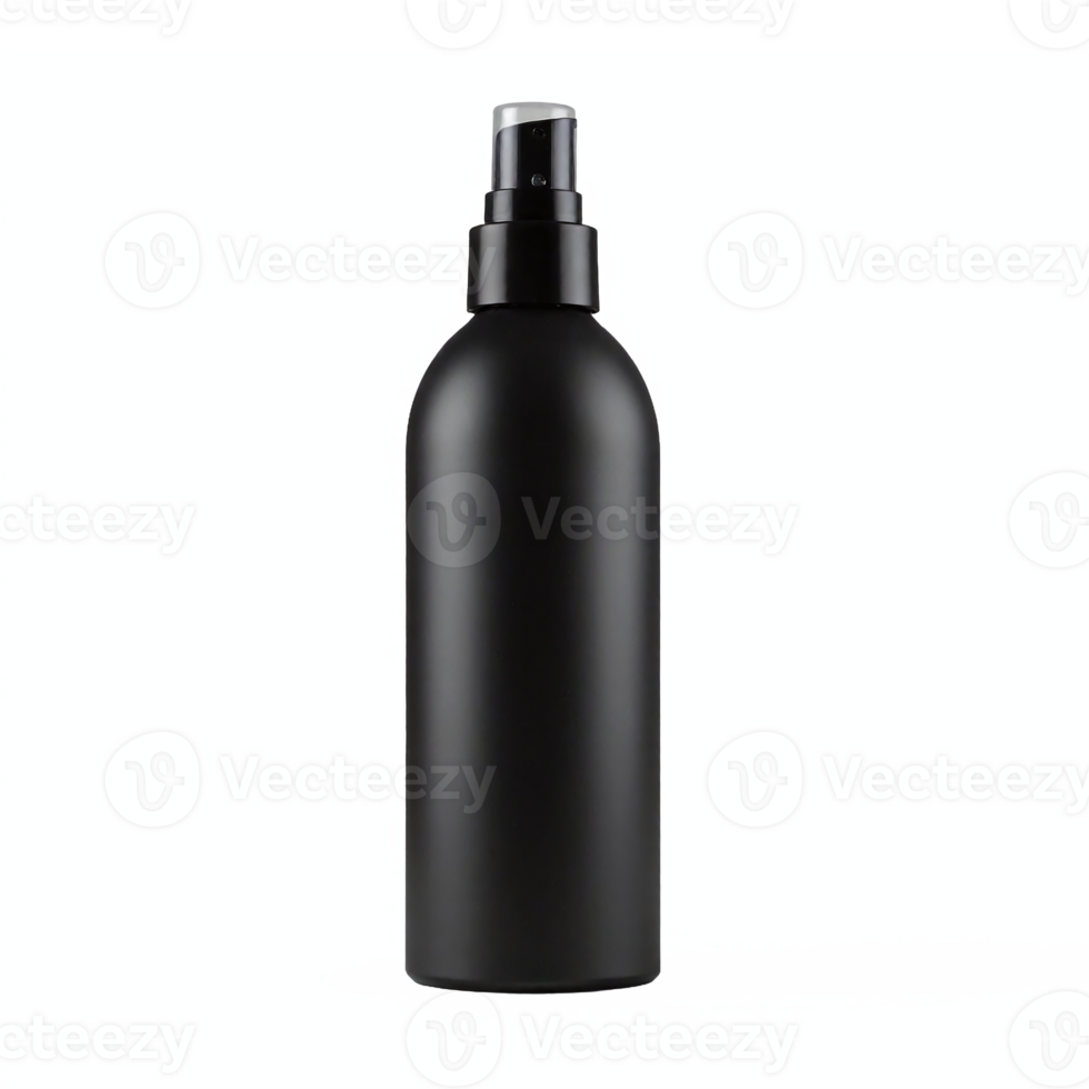 Black Plastic Spray Bottle with Transparent Clipping Path on Light Blue Background for Cosmetic and Cleaning Uses png