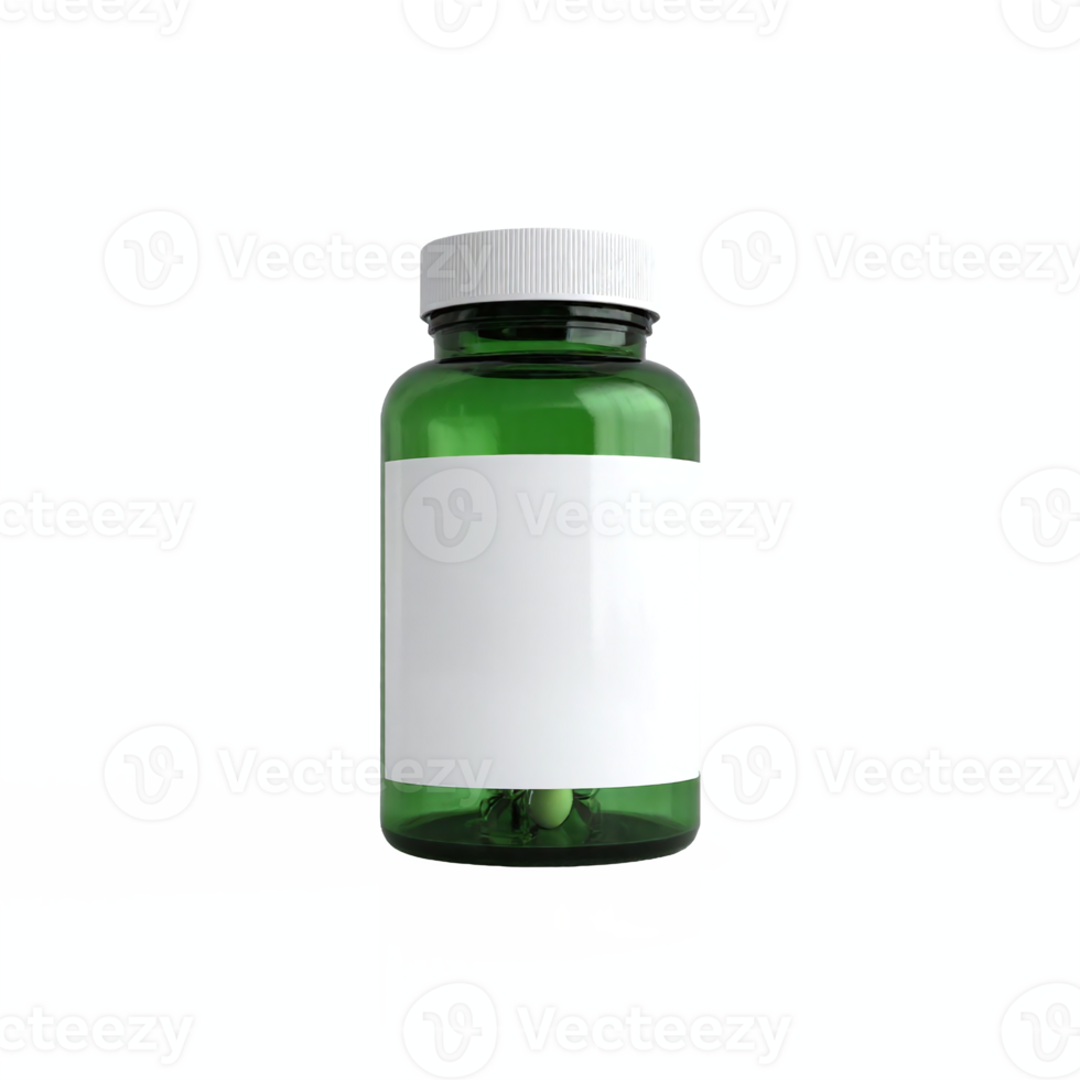 Green Medicine Pill Bottle with White Blank Label and White Cap Transparent Background png