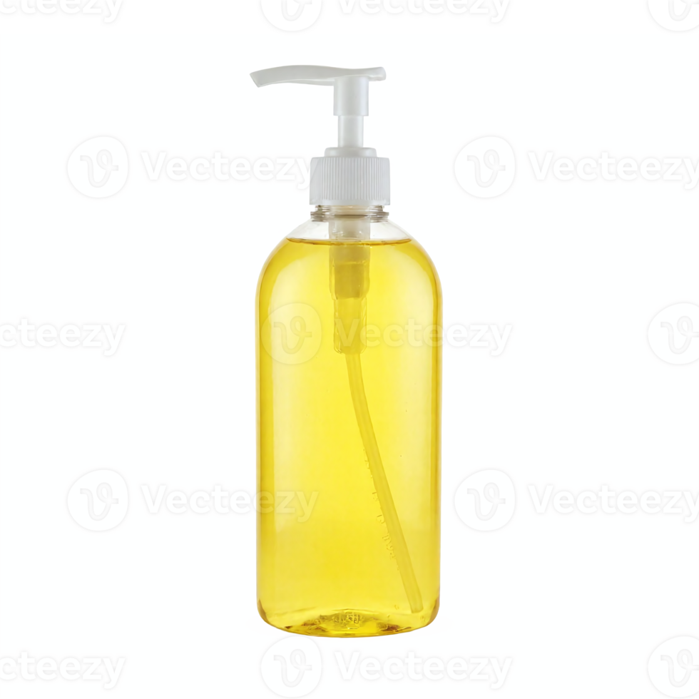 Clear Plastic Pump Bottle Filled with Yellow Liquid Soap Shampoo Dispenser Transparent Background Clipping Path png