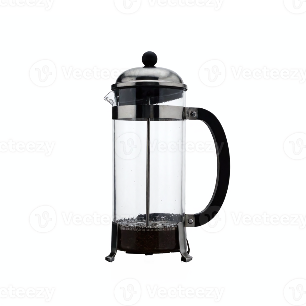 French Press Coffee Maker with Black Handle and Stainless Steel Lid Transparent Background png