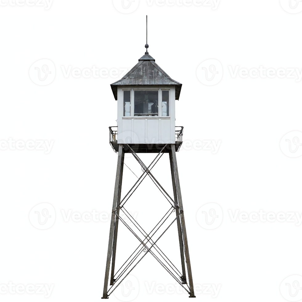Old Watchtower with Metal Frame and Enclosed Observation Room Transparent Background Clipping Path png