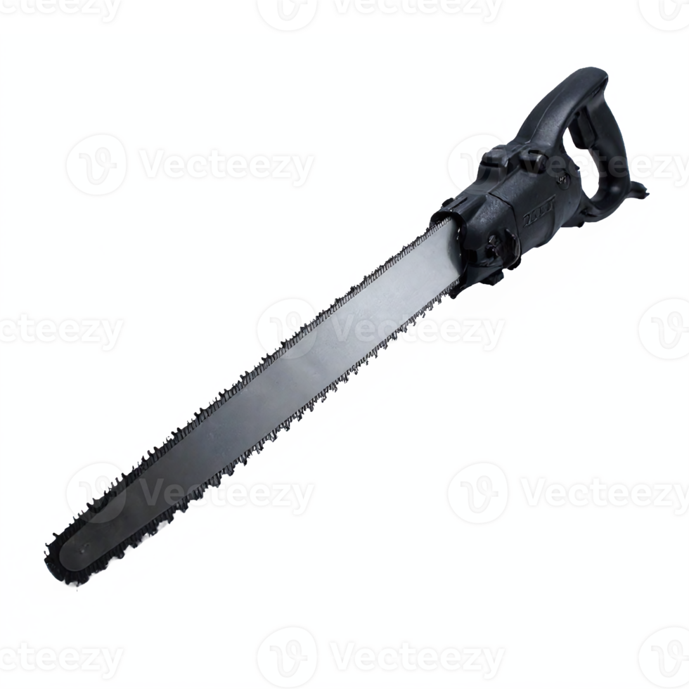 Long Black Electric Chainsaw Cutting Tool with Sharp Blade and Handle Transparent Background Clipping Path png