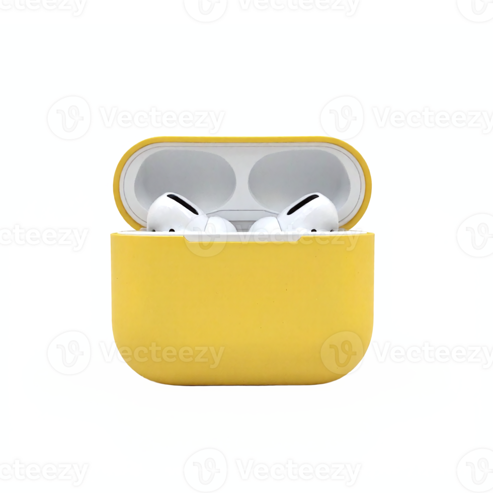 Wireless Earbuds in Yellow Charging Case with Transparent Background Clipping Path png