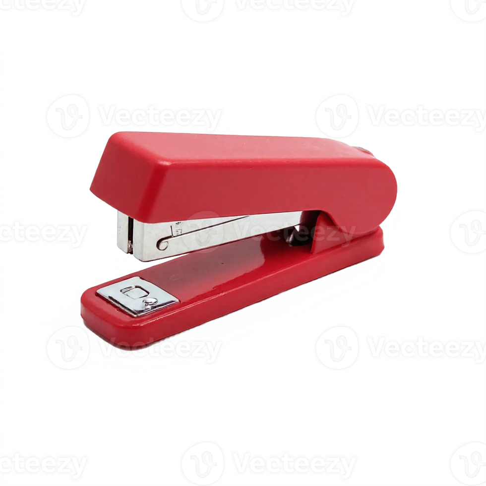 Red Stapler Office Supply with Metal Components on Transparent Background Clipping Path png