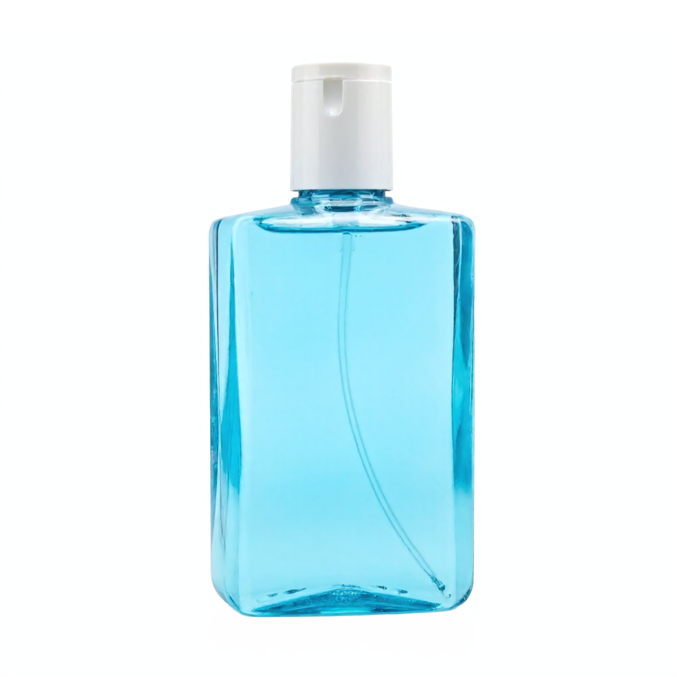 Transparent Blue Hand Sanitizer Bottle with White Pump Cap Isolated on Transparent Background Clipping Path png
