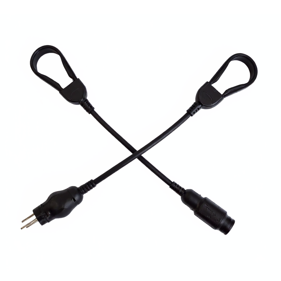 Black Outdoor Extension Cord with Carabiner Hooks Crossed on Transparent Background Clipping Path png
