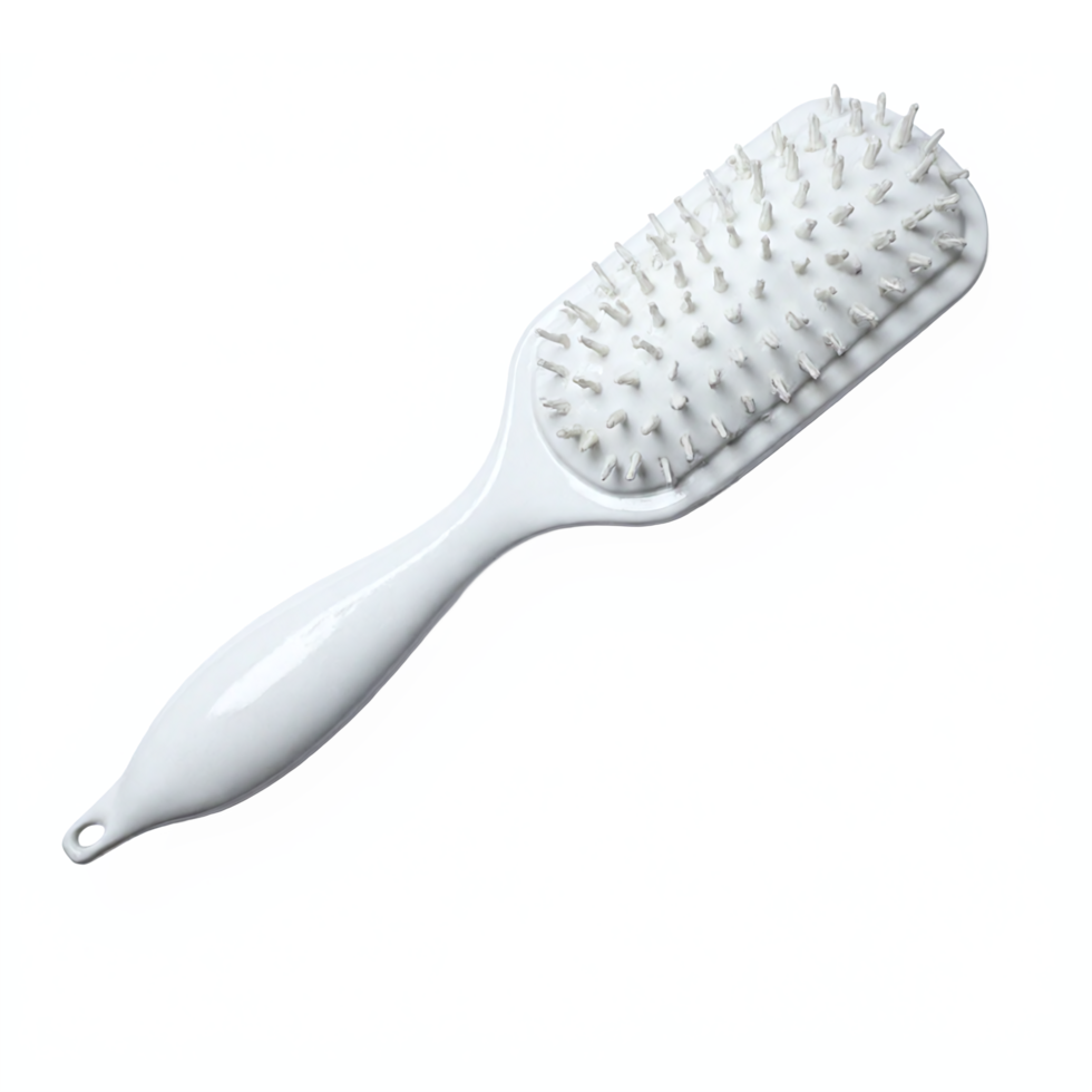White Hairbrush with Plastic Bristles and Ergonomic Handle on Transparent Background Clipping Path png