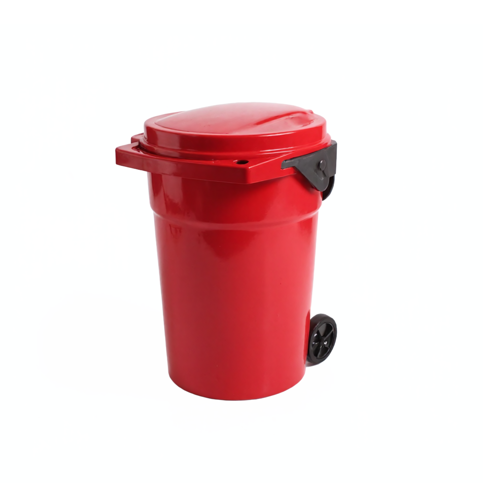 Red Outdoor Trash Bin with Lid and Wheels Plastic Garbage Container with Transparent Background png