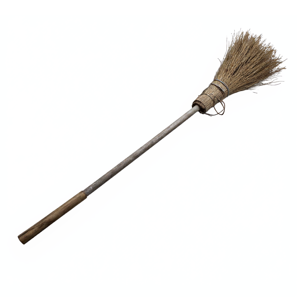 Traditional Handmade Coconut Fiber Broom with Wooden Handle Cleaning Tool Transparent Background png