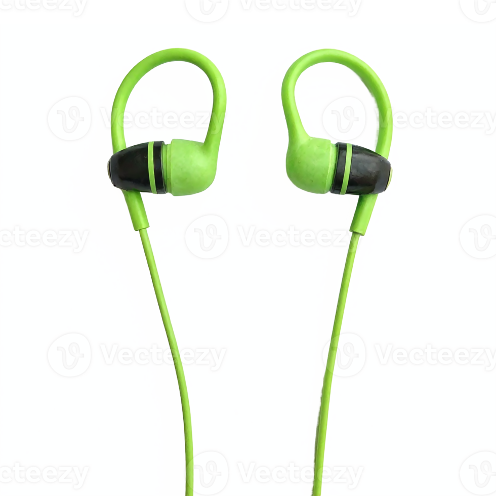 Green Sports Earphones with Over Ear Hooks for Secure Fit and Wired Connection Transparent Background png
