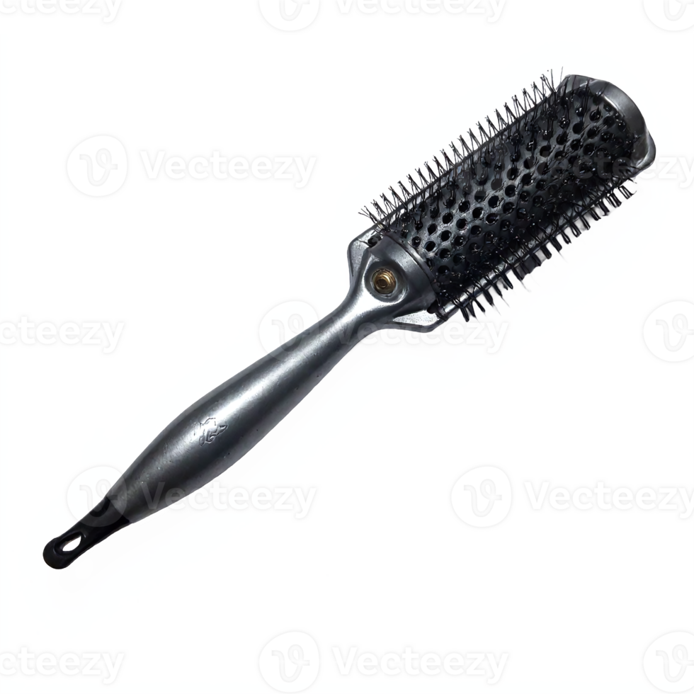 Black Hairbrush with Metal Handle and Ventilation Holes on Transparent Background Clipping Path png