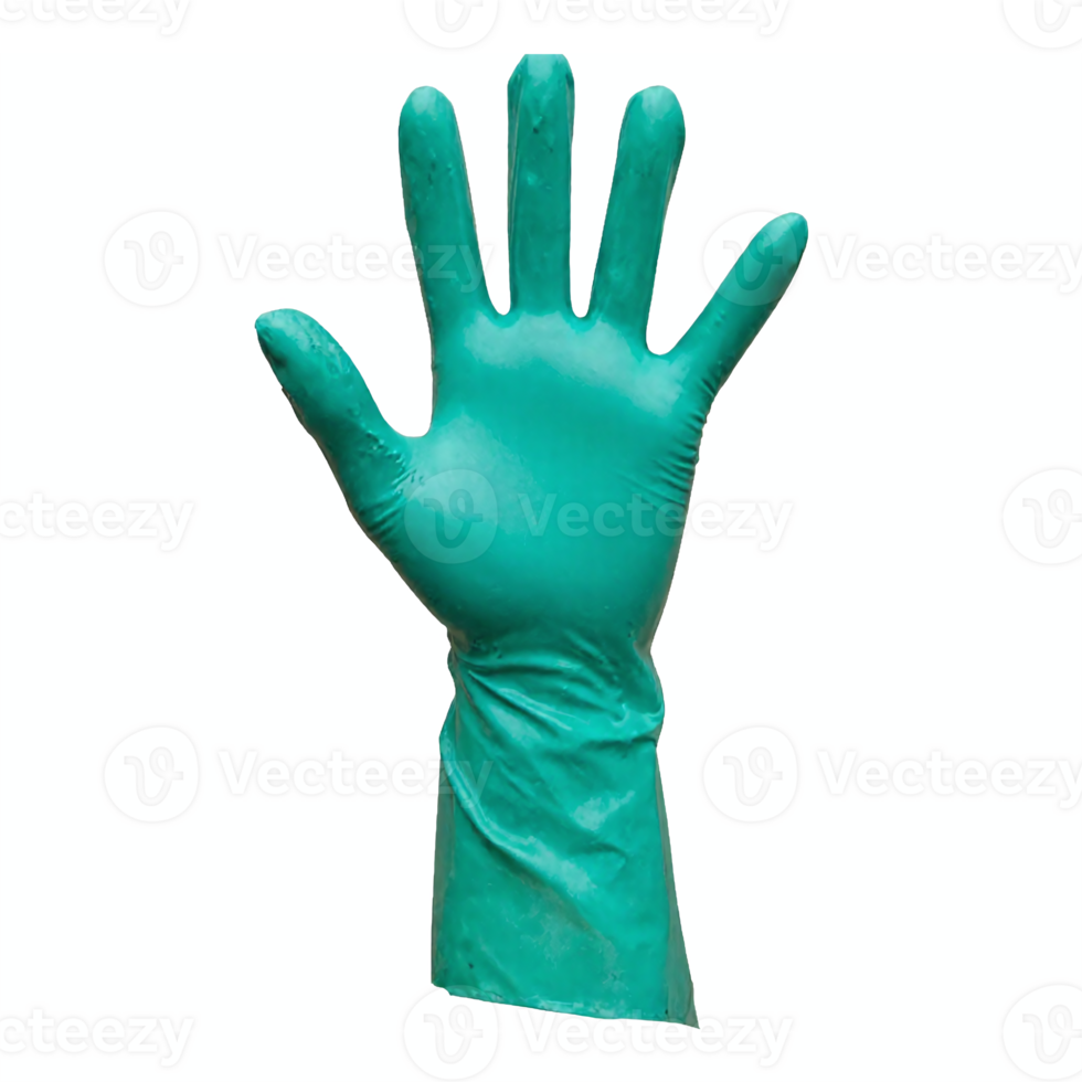 Green Rubber Glove Hand Raised with Transparent Background Clipping Path isolated png