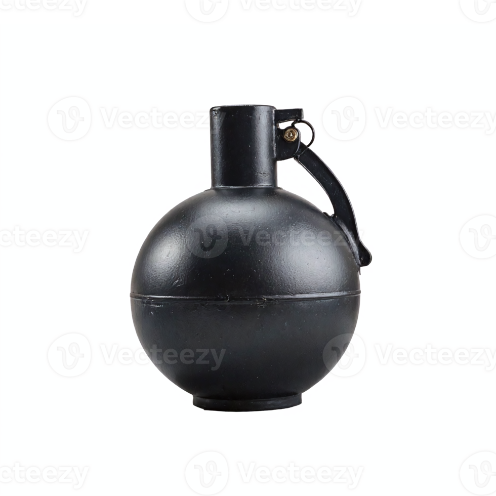 Black Military Style Spherical Grenade with Safety Lever and Pin on Transparent Background png