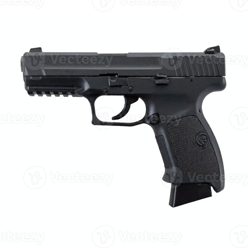 Black Semi Automatic Pistol Handgun with Textured Grip Transparent Background Clipping Path png