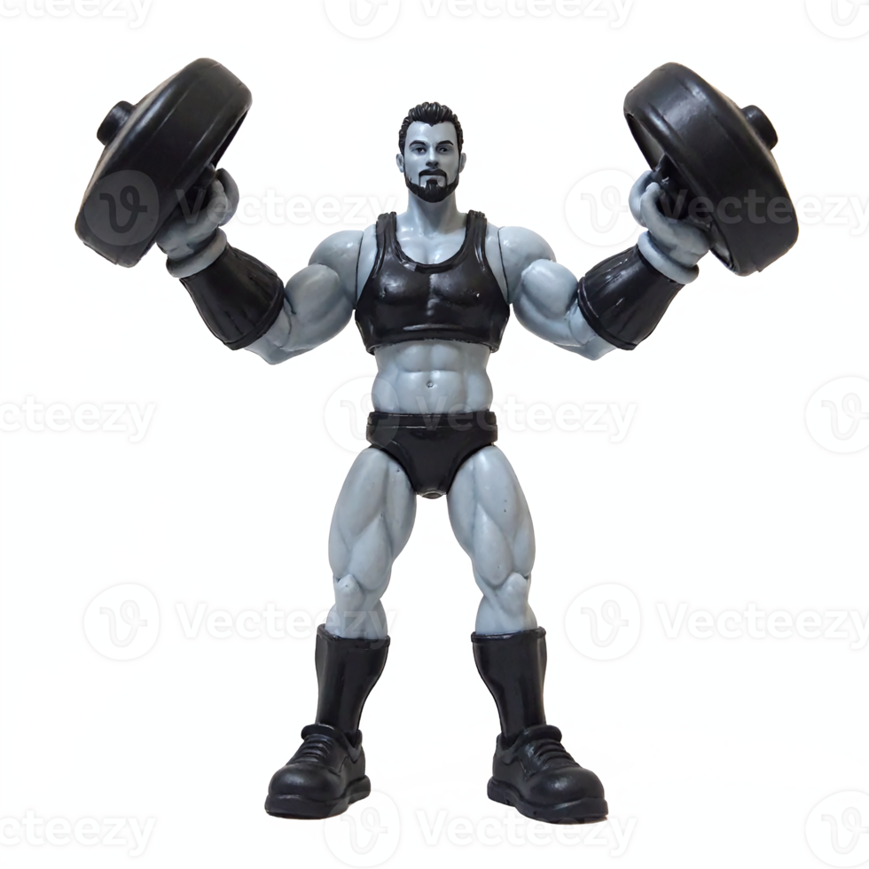 Muscular male action figure lifting heavy dumbbells in black workout clothes transparent background png