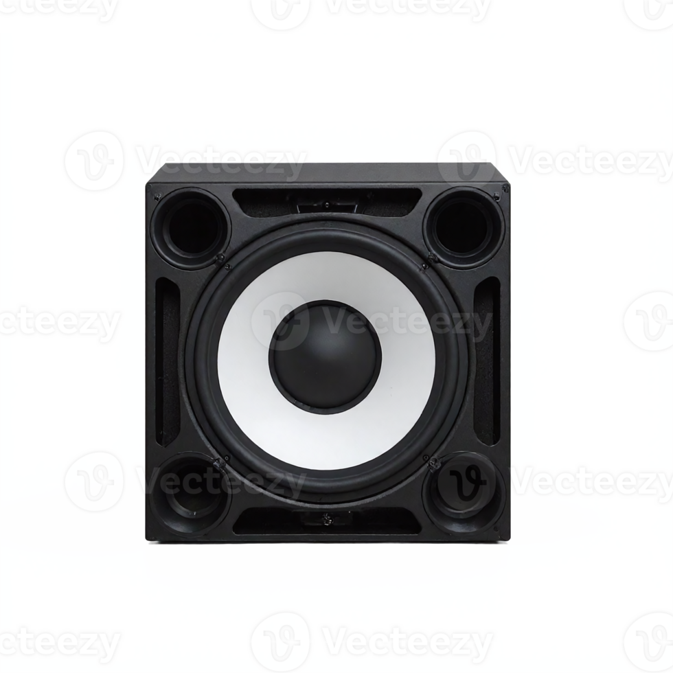 Black Audio Speaker with White Cone Front View Isolated on Transparent Background Clipping Path png