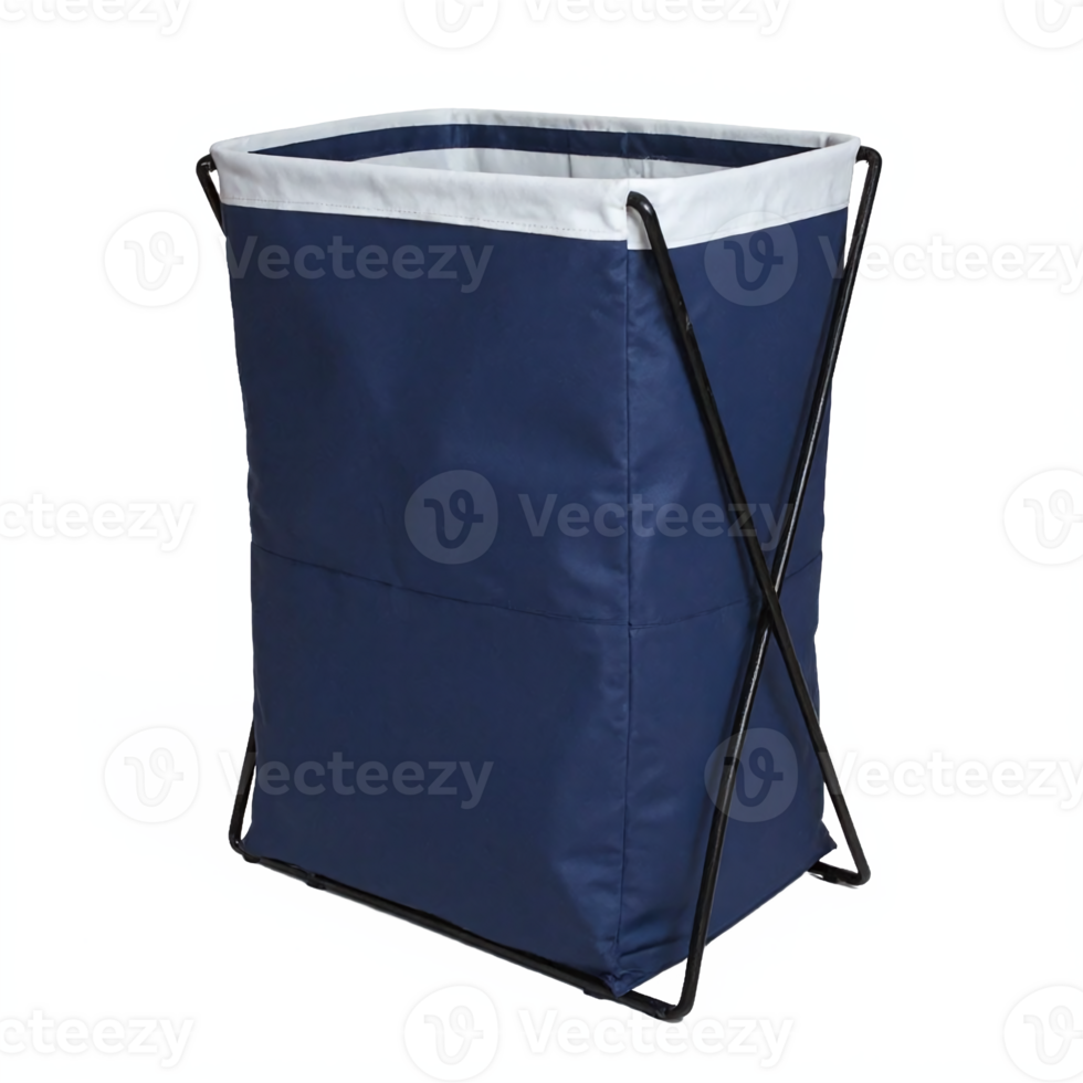 Laundry Hamper with Navy Blue Fabric and Black Foldable Metal Frame Transparent Background png