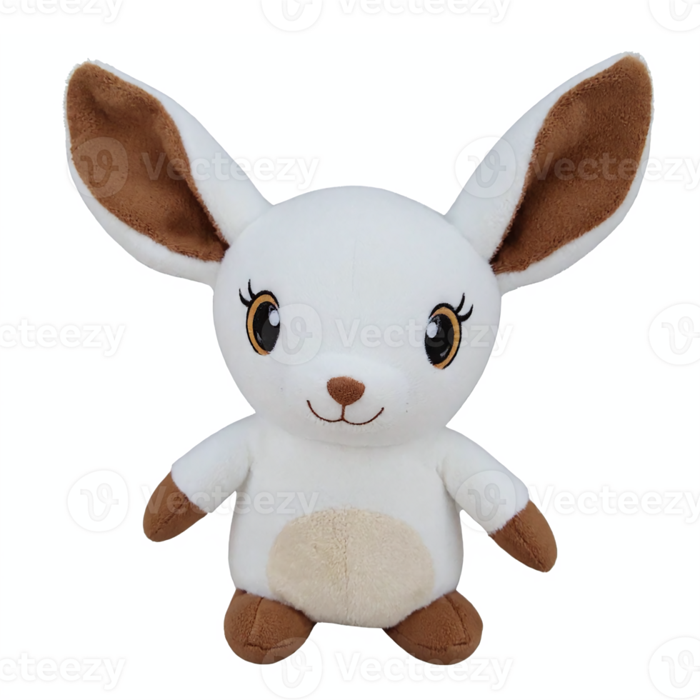 Cute Soft Plush Rabbit Toy with Big Ears and Brown Accents on Transparent Background Clipping Path png