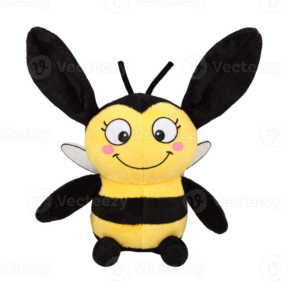 Cute Smiling Bee Plush Toy with Black Wings and Yellow Stripes on Transparent Background png