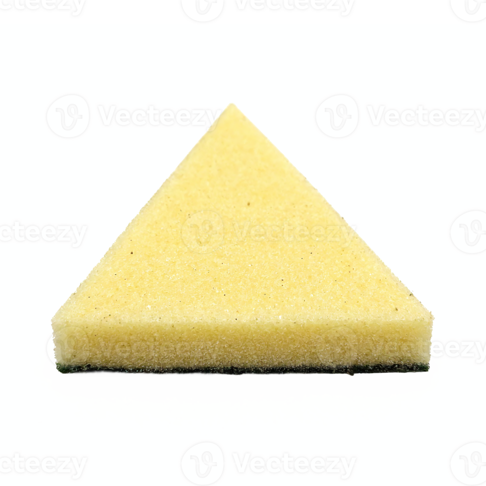 Triangular Yellow Cleaning Sponge with Rough Texture and Black Scrubbing Pad on Transparent Background png