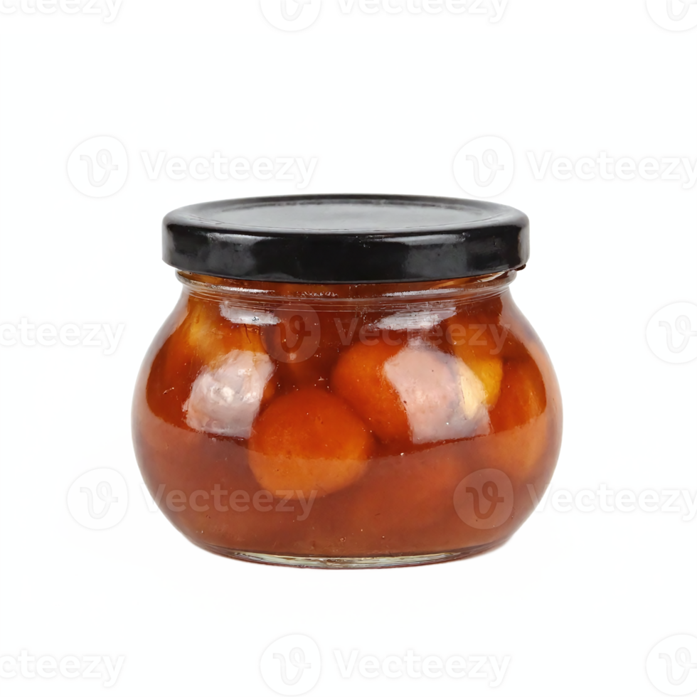Glass Jar Filled With Orange Preserved Fruit Spheres In Syrup With Black Lid Transparent Background png