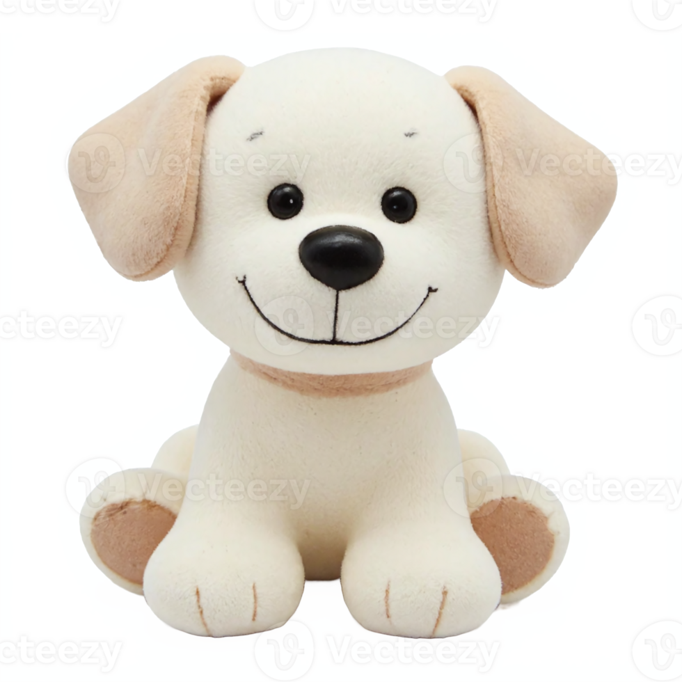 Cute Happy Plush Puppy Toy Sitting Front View with Soft Fur and Big Ears Transparent Background png