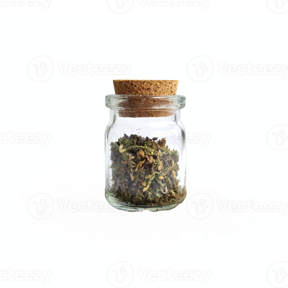 Dried Herbs in Glass Jar with Cork Lid Surrounded by Loose Herb on Transparent Background Clipping Path png