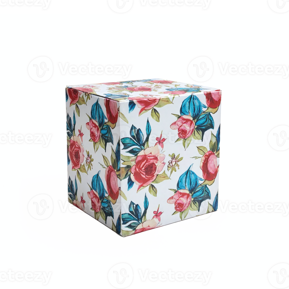 Floral Gift Box with Pink Roses and Blue Leaves on White Background Transparent Clipping Path png