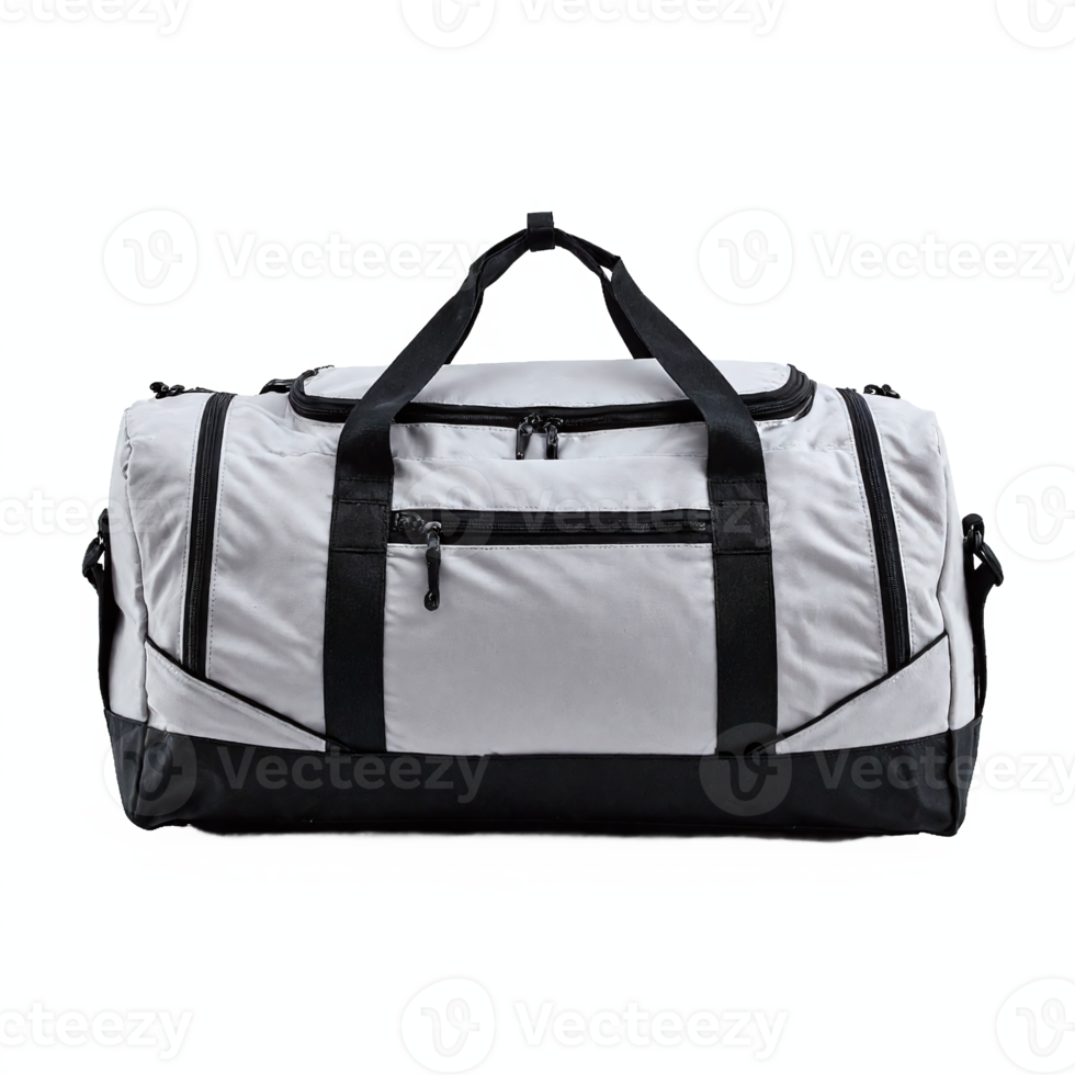 Gray and Black Sports Duffel Bag with Multiple Zipper Pockets and Handles on Transparent Background png