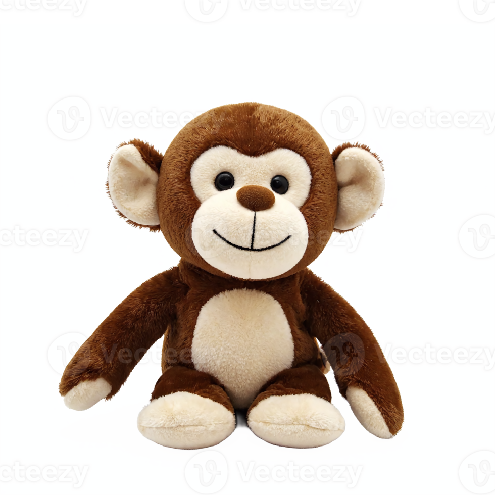 Cute plush stuffed monkey toy with soft brown and cream fur sitting isolated transparent background clipping path png