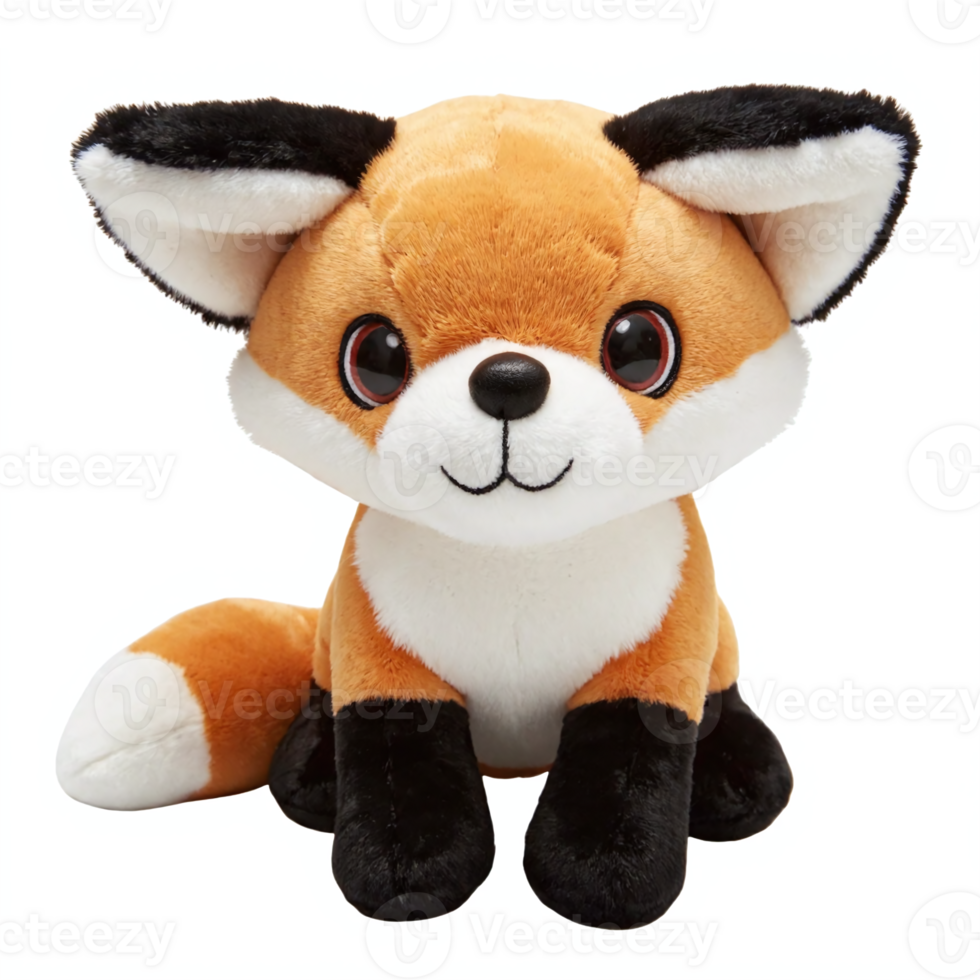 Cute Plush Fox Toy Sitting Smiling Big Eyes Soft Fur Stuffed Animal Transparent Background png