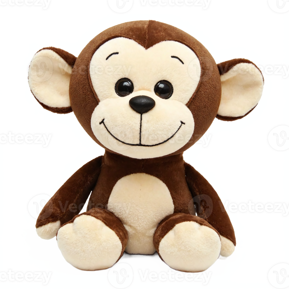 Cute plush monkey toy with big ears smiling sitting isolated on transparent background clipping path png
