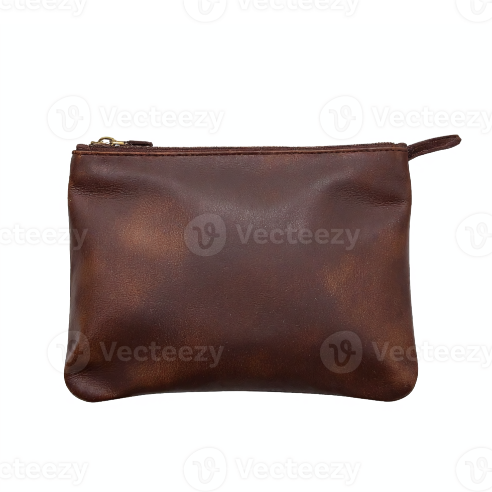 Brown Leather Pouch with Zipper and Handle on Transparent Background with Clipping Path png