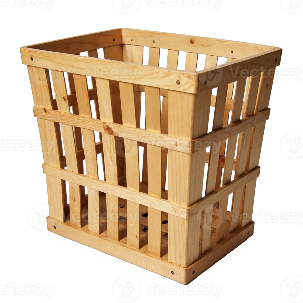 Natural Wooden Crate Basket with Slatted Design and No Background Transparent Clipping Path png