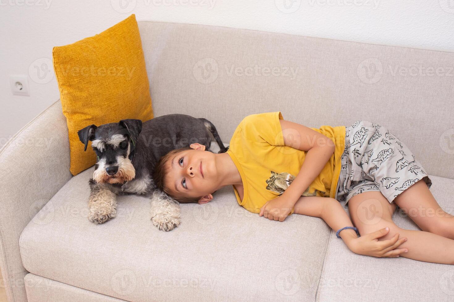 Children enjoy playtime with a dog on a cozy sofa at home during the afternoon photo