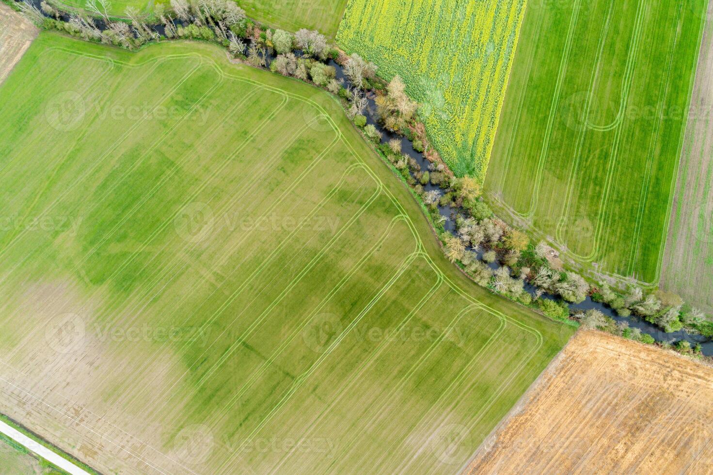 natural geometry of agriculture with a river flowing through, aerial top down drone view photo
