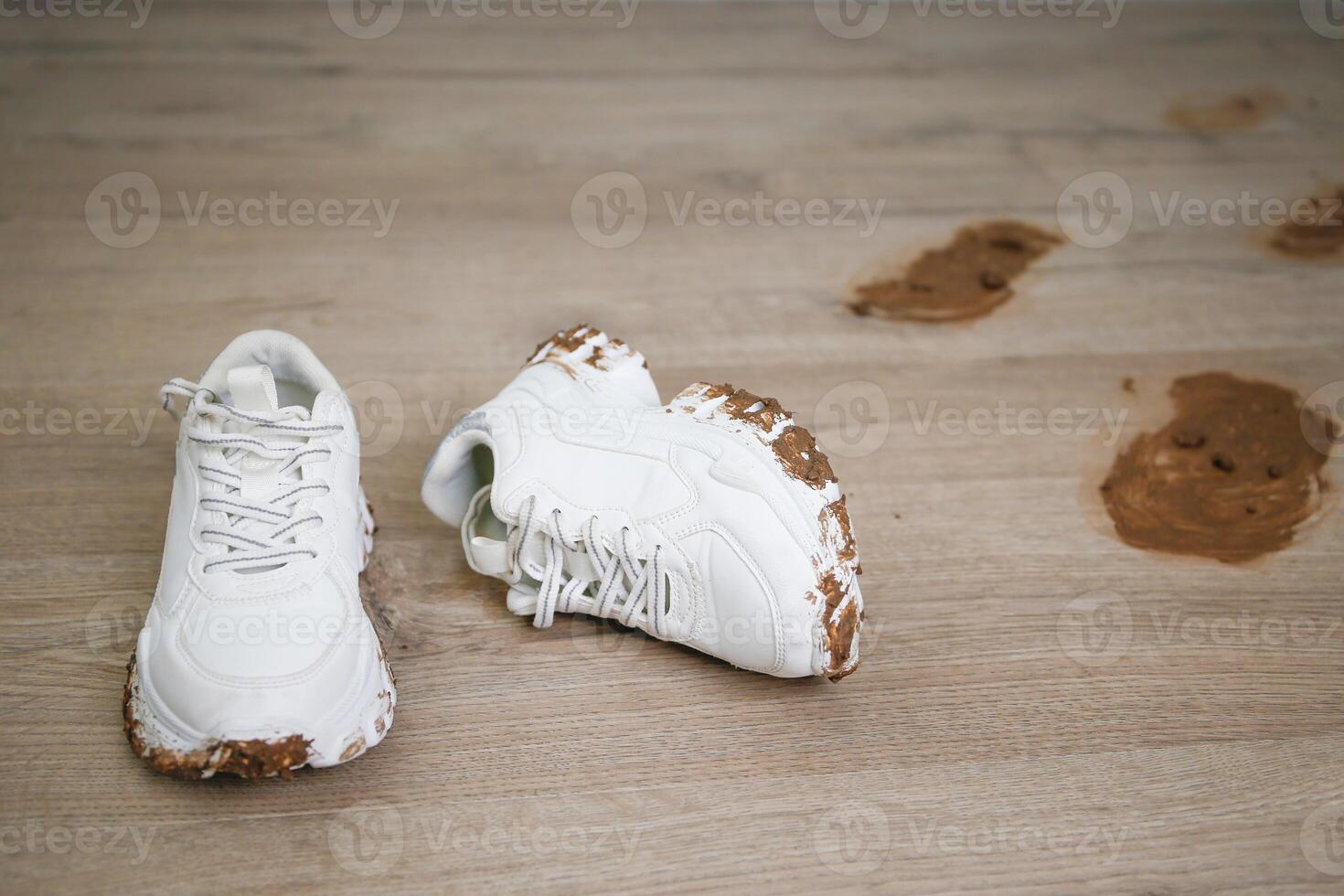 child walks around the house in dirty shoes. Concept of child soiled laminate flooring photo