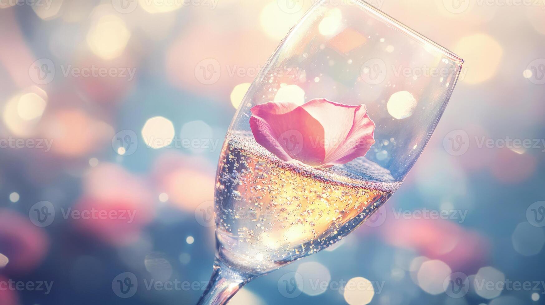 Crystal Champagne Glass with Single Floating Rose Petal, Romantic Valentine's Day Celebration Concept photo