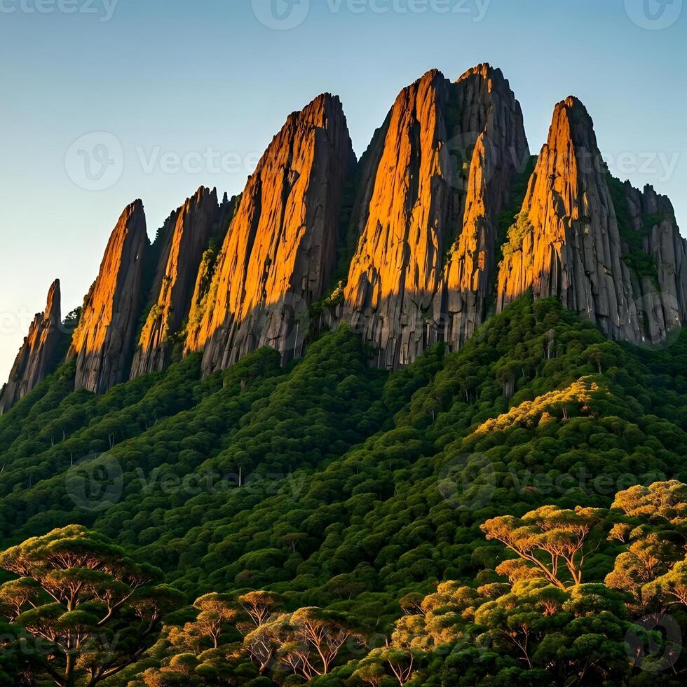The sun is setting on a mountain with tall rock formations photo