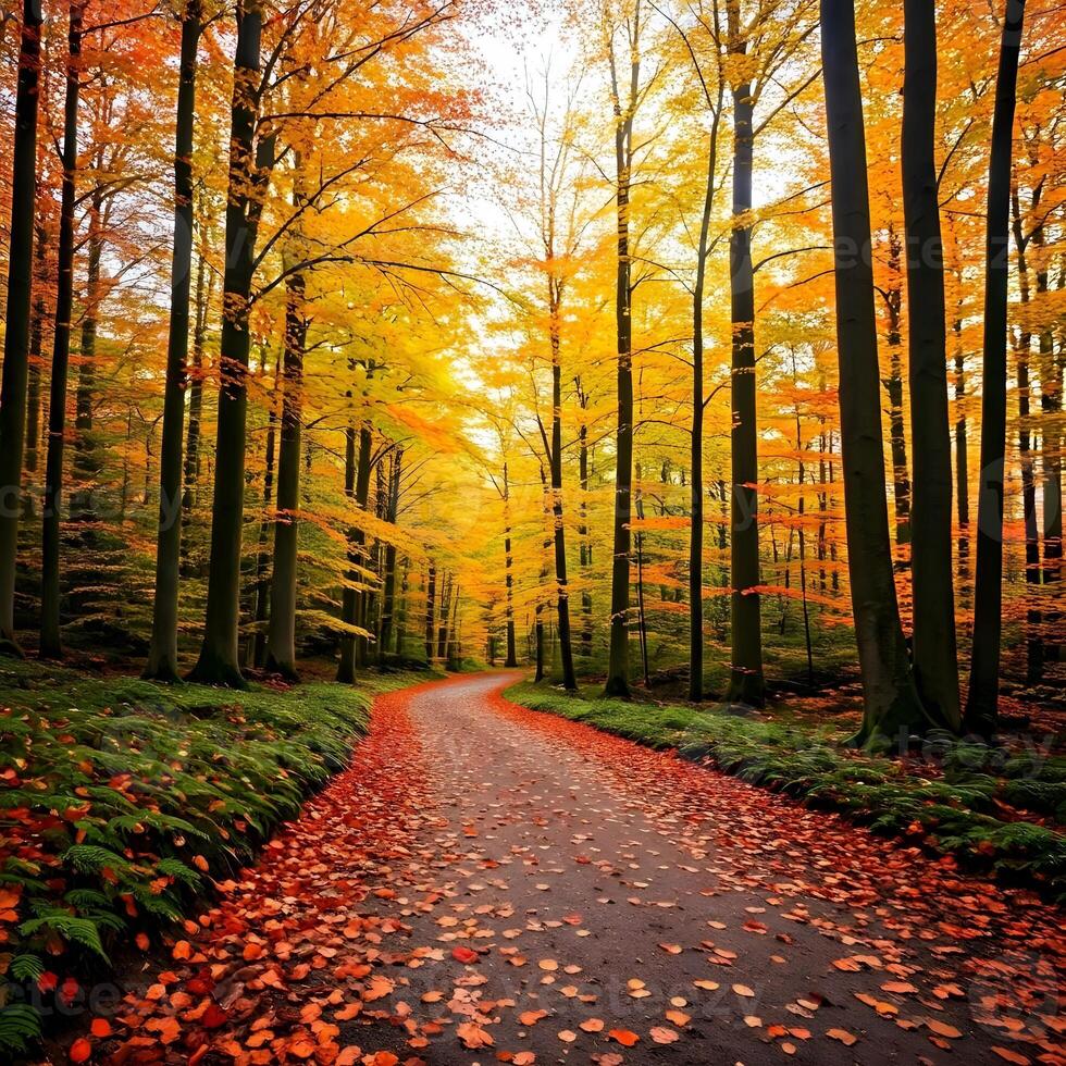 A path through a forest with autumn leaves on the ground photo