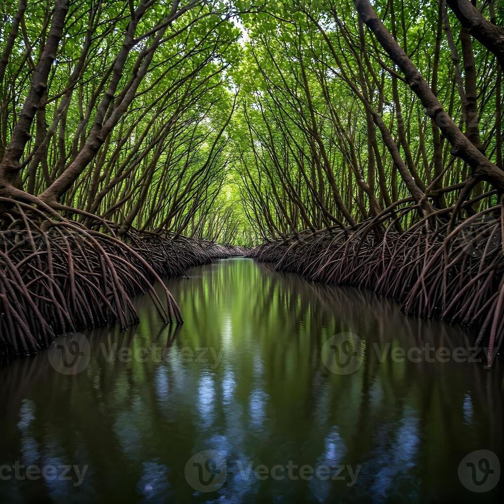 A river is surrounded by trees in the middle of the forest photo